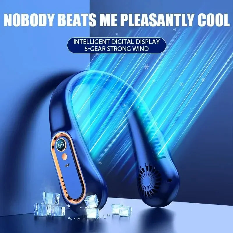 Portable Hanging Neck Fan with 5 Speeds, Digital Display, and Bladeless Technology